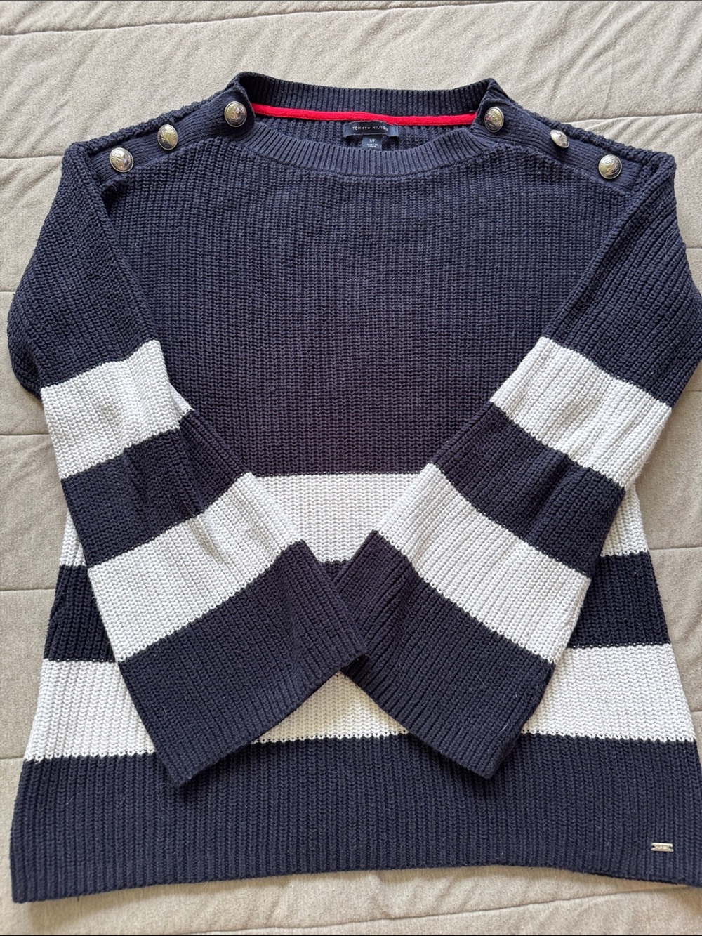 Tommy Hilfiger Navy and White Striped Button-Shoulder Crew Sweater